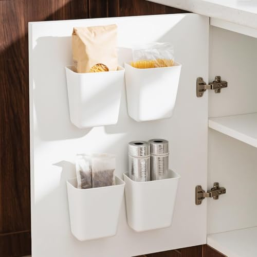Pecihiko Kitchen Cabinet Door Storage Box, 4 Pack Self Adhesive Wall Mounted Storage Box for Cabinet, Wardrobe, Bathroom, Refrigerator Small Items Organizer