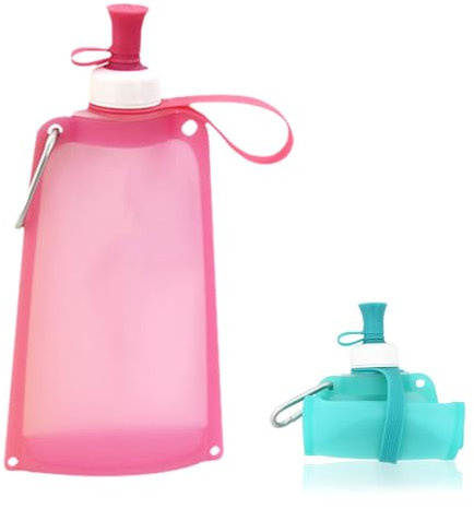 Satiskid Botella plegable de 550 ml, botella de agua reutilizable, de silicona, recipiente plegable, sin BPA y certificados FDA, bolsa de agua recargable con mosquetón (rosa)