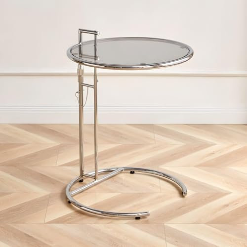 Mesa redonda de cristal en forma de C con altura ajustable y base de acero inoxidable en color plateado, mesa de centro de acero inoxidable transparente, mesa de centro elevable transparente para sofá
