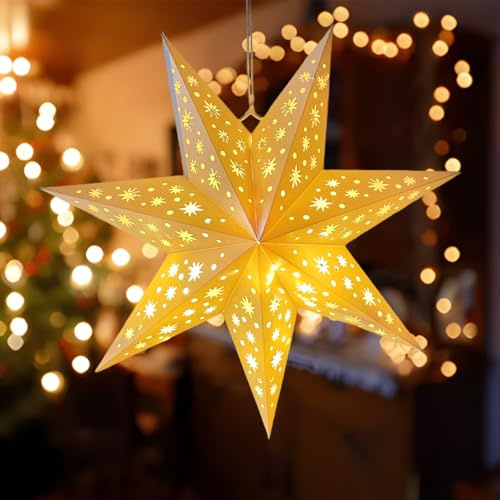 Weihnachtsstern für Innen, 45 cm 3D Faltbarer Papierstern Hängende Weihnachtsstern Beleuchtet, Deko-Stern Beleuchtet aus Papier zum Aufhängen, Weihnachtsdeko Adventsstern mit Lichterkette (Sterne)