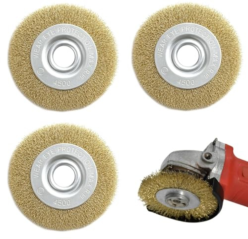 3 Pcs Wire Brushes Drills, Brass Coated Wire Brush Wheel 4 Inch, Wire Wheel Brush Bench Brass Plated Crimped Steel for Cleaning, Rust Removal, Polishing, Deburring & Paint Removal