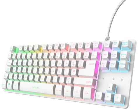 GXTrust 833W Thado TKL Gaming Keyboard UK Layout, Compact Tenkeyless Design (80 Percent), Multicolour LED Lighting, Anti-Ghosting, 1.8m USB Cable, Membrane Wired Keyboard PC Mac Laptop, White