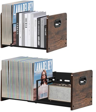 ZOESTORAGE Schallplatten Aufbewahrung, Erweiterbare Schallplattenständer für 60–110 LPs, Schallplatten Halter für Ordner, Bücher, Fotoalben, Zeitschriftenhalter, Rustikales Braun
