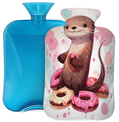 Myfsucce 2L Hot Water Bottle with Cover Cute Otter Donut Print - Reusable PVC Hot Water Bag for Pain Relief, Cramps & Warmth (12.2x8in)