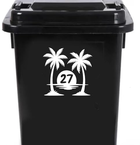 4 Pack Tropical Palm Tree Island House Number Wheelie Bin Sticker - Personalised Waterproof Decal - Easy to Apply (14.5cm x 14cm (5.7 x 5.5))