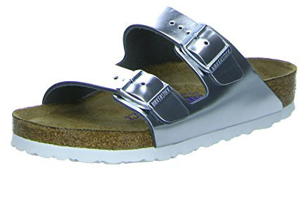 Birkenstock Classic Damen Arizona Leder Softfootbed Pantoletten, Silber (Metallic Silver)