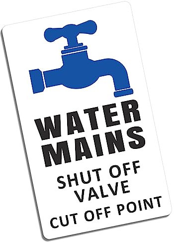 1 x Sticker Water Mains Shut Off Valve Cut Point Sign Kithcen Liquid Tap Stopcock Plumbing Tank Boiler Copper Pipe Lever Floor Wet Plumber Trade Road Works Label 126x75mm