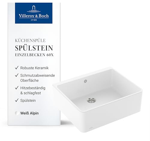 Villeroy & Boch Spülstein Einzelbecken 60 X, 595 x 500 mm – Weiß Alpin | Spülstein aus Keramik, ohne Hahnloch, inkl. Ablaufgarnitur mit Handbetätigung, 636001R1