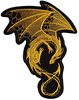 Drache (Dungeon Synth, Herr der Ringe, dunkles Ambiente, Mystic, Magic, RPG, Gold Dragon, Drachen, schwarzes Metall, Mittelalter) bestickt zum Aufbügeln