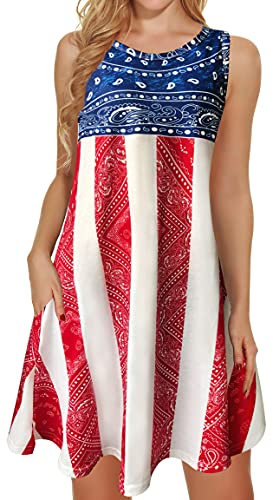 elescat Robe d'été à motif drapeau américain pour femme, robe d'été sans manches, avec poches, robe t-shirt ample décontractée (Amoeba USA, M), Usa Amoebe, Taille M
