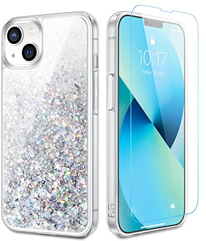 Caka Glitter Case for iPhone 13 / iPhone 14 for Women Girls, Bling Sparkle Liquid Phone Cover with Screen Protector, Sparkly Girly Flowing Floating Moving Quicksand Accessories - Silver