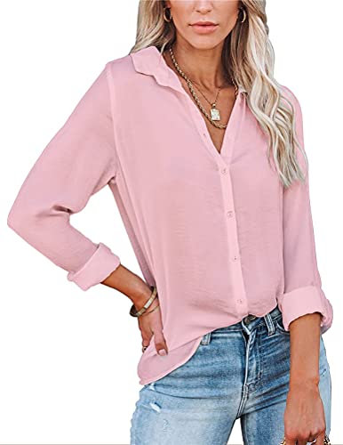 Tomwell Femme Chemisier Tops Col en V Couleur Unie Chemisier Bouton Décontracté à Manches Longues pour Femmes Casual Lâche Blouse Chemise Elegant Shirt Hauts Tops B Rose XS