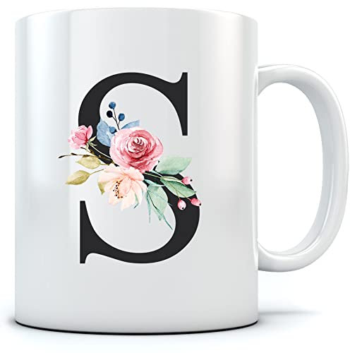 HotScamp Letter S Floral Initial Flowers Watercolour Monogrammed Mug for Tea and Coffee - Florals Pretty Vintage Wedding Monogram Work School WFH Home Office Girl Boss Mum One Size Natural