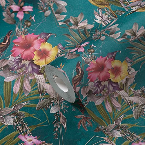 A.S. Création Carta da parati per fiori con uccelli Petrol, effetto floreale, blu, verde, 381783 10,05 x 0,53 m, Made in Germany