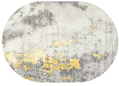 Rururug Teppich Oval Moderner Läufer Orientteppich Kurzflor Flur Schlafzimmer Küche Wohnzimmer rutschfest Waschbar, Silbergrauer Hintergrund mit goldenen Verzierungen Oval 80 x 150 cm