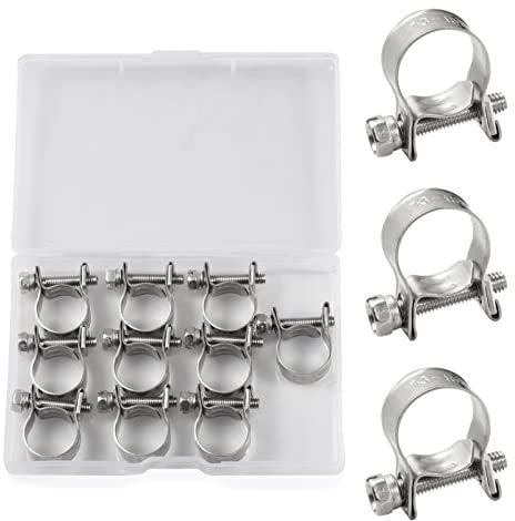 SPEEDWOX 10 Pcs Mini Fuel Injection Hose Clamps 304 Stainless Steel Adjustable Pipe Hose Clip Tube Clamps Set with Storage Box for Diesel Petrol Pipe Automotive Plumbing (13-15mm)