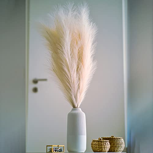 Pampasgras XXL |100 cm Deko | Große Flauschige Stiele mit je 18 Federn | Künstliche Deko Gras für zuhause | Pampasgras Vase Pflanze | Keine Pflege & künstliche Deko Pflanze in Beige Farbe x3, P-001