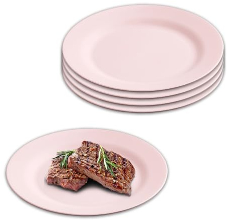 Platos de cena grandes de 28 cm, irrompibles, 5 platos redondos de paja de trigo para aperitivo de desayuno, plato de servir reutilizable, ligero para viajes, barbacoa, picnic, lavavajillas (rosa)