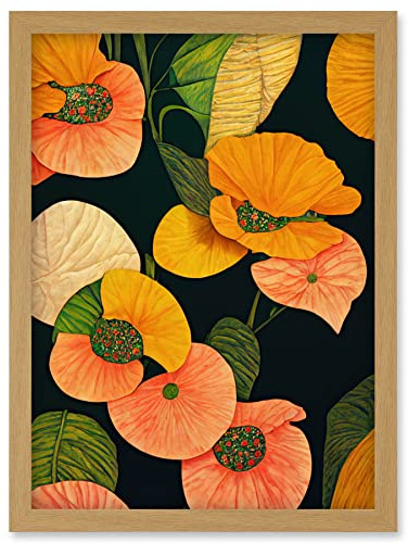 Wee Blue Coo Modern Tropical Lake Flowers Orange Yellow Peach Cream Warm Colours on Dark Green Artwork Framed Wall Art Print A4