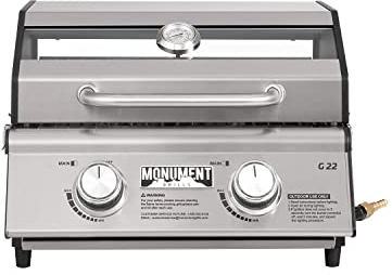 Portable Propane Gas Grill 2-Burner Tabletop Clearview® Monument Grills for Outdoor Camping Cooking, Two 15,000 BTU Burners, Stainless Steel, and Built-in Thermometer