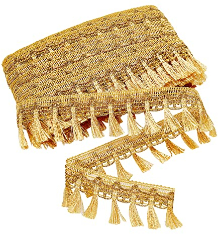 PandaHall 21.8 Yards Goldene Fransenborte, 55 mm Filigranes Spitzenband Mit Quasten-Nähkantenbesatz, Geflochtener Stoff, Dekorativer Besatz Für Vorhang, Lampenschirm, Kostüm, Heimdekoration