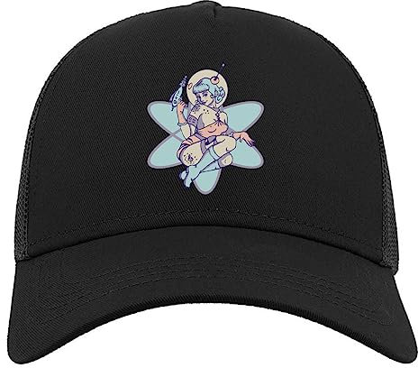 Space Babe Inked Laser Pistol Pin-Up Girl Halbmaschige Trucker-Cap-Baseballmütze aus Baumwolle Schwarz