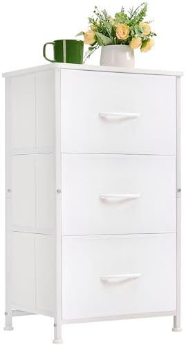 Somdot Kommode Weiß mit 3 Schubladen aus Stoff, Sideboard mit Holzplatte, Schrank für Wohnzimmer Flur, Komodenschrank, Küchenschrank, Schlafzimmerschrank, Aufbewahrungsschrank