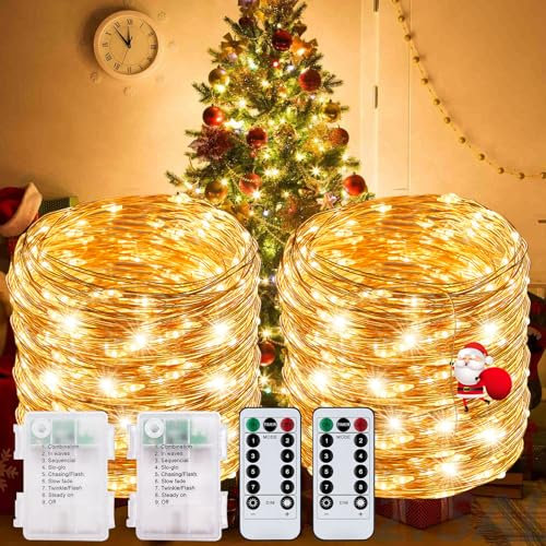 ENCOUN Lichterkette Außen Batterie, 2x12M 120LED Lichterkette Batterie, 8 Modi IP67 Lichterkette Aussen Batterie Wasserdicht, Warme Farbe Led Lichterkette für Halloween, Weihnachten, Hochzeit Deko