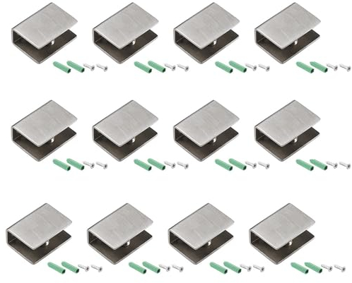 Morsetto per Vetro Regolabile 12 Pezzi Morsetto per Vetro in Acciaio Inox 201 Supporto per Mensole in Vetro da 6 a 10 mm di spessore, per Staffe da Parete e Mensola da Bagno(Quadrate, 26,5x20x14,5mm)