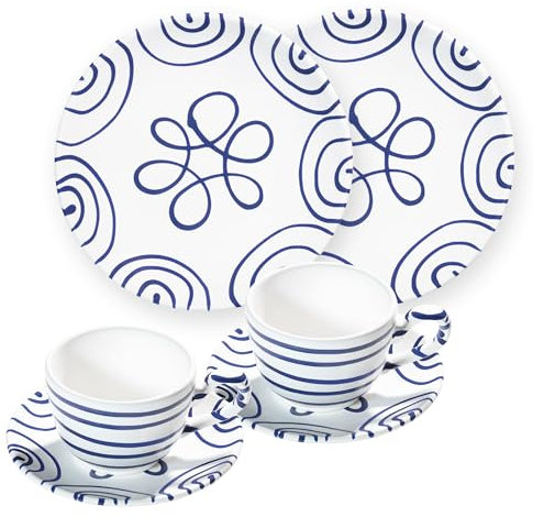 GMUNDNER KERAMIK Dunkelblaugeflammt, Frühstück-Set für 2 Cup, handgemacht in Österreich