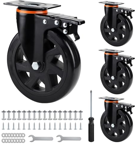 SWAWIS 4Pcs Lenkrollen mit Bremse, Schwerlastrollen 150mm mit Montagezubehör, Möbelrollen Schwerlast Polyurethan, 360°Drehbar Strandkorbrollen Rollen für Möbel Trolley Tisch Schrank, Tragkraft 800KG