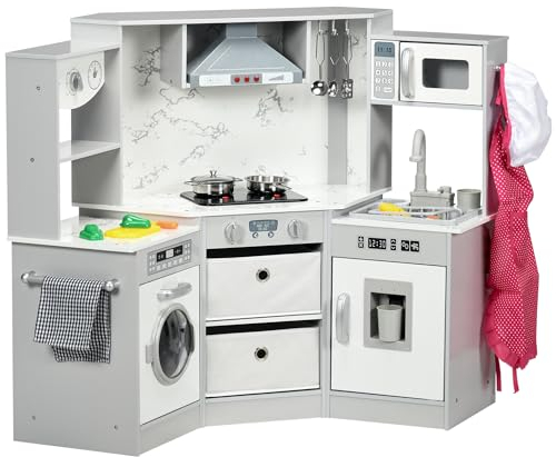 AIYAPLAY Toy Kitchen Playset, Kids Play Kitchen, Role Playing Game with Running Water, Lights, Sounds, Apron and Chef Hat, Water Dispenser, Sink, Utensils, Ages 3-6 Years - Grey