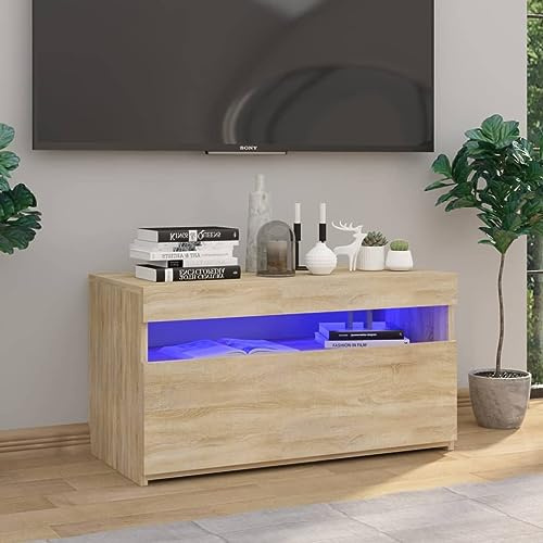 Homvdxl LED TV Stand Cabinet, 75cm Small TV Unit Under TV Cabinet with Pull-Down Door & RGB LED Lights, Adjustable Color & Mode, LED TV Console for Living Room Bedroom, Brown