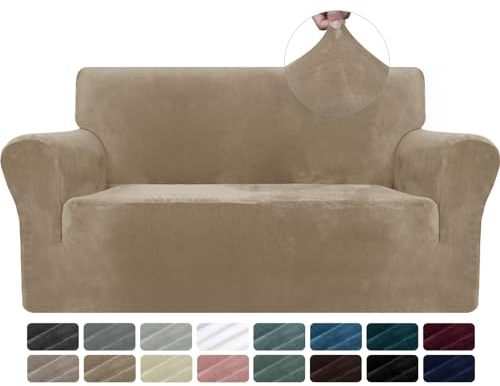 CYCMACO Samt Sofa Überzug 2 Sitzer, Sofabezug Elastische, Couch Überzug Haustier Katze Hunde, Universal Sofa Cover Moderne, Sofahusse Mit Armlehnen, Sofaschoner rutschfest, Kamel
