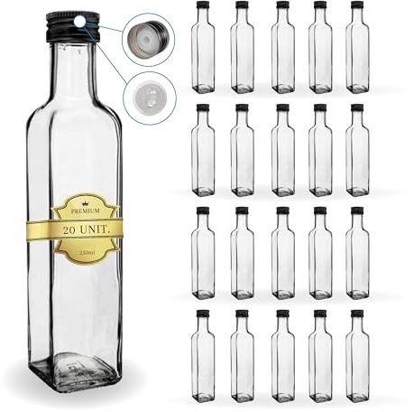Espirito Rebelde 20 Bouteilles en Verre 250ml avec Bouchon a Vis Noir avec Bec Verseur | Huile d'Olive, Vinaigre, Alcool, Sauces | Huilier en Verre