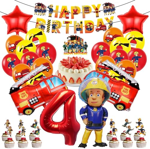 LETTERASHQP Feuerwehr Deko Kindergeburtstag 4 Jahre feuerwehr luftballon Feuerwehr Geburtstag Deko Jungen 4 Jahre Feuerwehr Tortendeko Geburtstagsdeko Feuerwehrmann Deko Geburtstag 4 Jahre Jungen