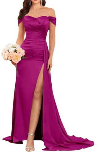 Vestidos de dama de honor de satén con hombros descubiertos largos con abertura, vestidos de noche formales fruncidos para boda, fucsia, 52 Más