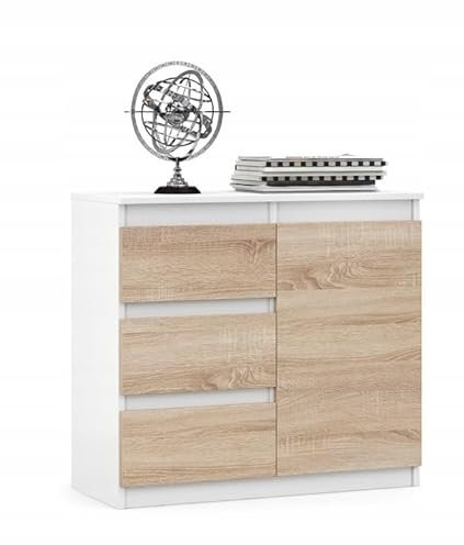 VBChome Cómoda de 80 x 35 x 75 cm con 3 cajones y 1 puerta, color blanco, roble Sonoma, sin mangos, armario multiusos para pasillo, dormitorio, salón