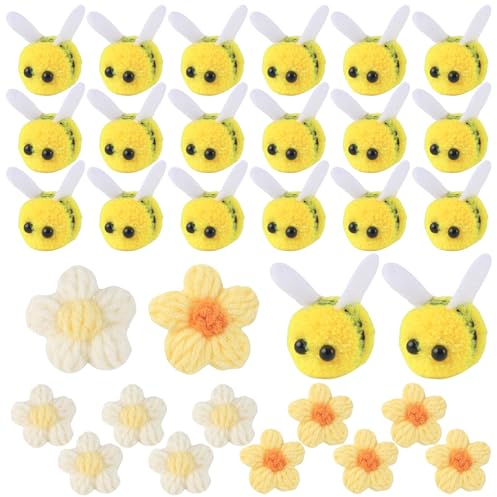 SMTelegance Bienen Deko 36 Stück Mini Biene Dekoration Filz Mini Biene Mini Bienen Dekorationen Bienenfilz Weiße Häkelblumen für Heimwerker Basteln Party Hausdekoration Wiederverwendbar