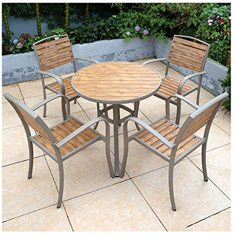 CAFIEDR Terrassen-Essgruppe für den Außenbereich, runder Tisch und 4 Stühle, wasserdichter Sonnenschutz, Aluminiumrahmen, Kunststoff-Holz-Tischplatte, Terrassentisch und -stühle
