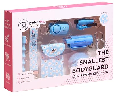 ProtectMe,Teddy! Selbstverteidigung Schlüsselanhänger mit Pfefferspray FULL SET 8pcs Kubotan, Alarm, Autonotfallhammer, VEGAN Geldbörse, PomPom, BLUE DAISY Self Defense Keychain (Blue Daisy, Full Set)
