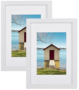 Atryinous Cornice portafoto DIN A4, 21 x 30 cm, in legno MDF bianco, in vetro acrilico con passepartout di carta, per formato A5, 15 x 21 foto, da appoggiare o appendere foto, poster, album, set da 2