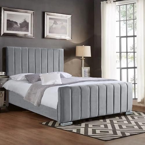 A. H Beds Panel Line Upholstered Small Double Bed frame with Headboard and Foot board - Small Double Bed 4FT - Wooden Bed Frame Small Double Bed - Grey Plush Velvet