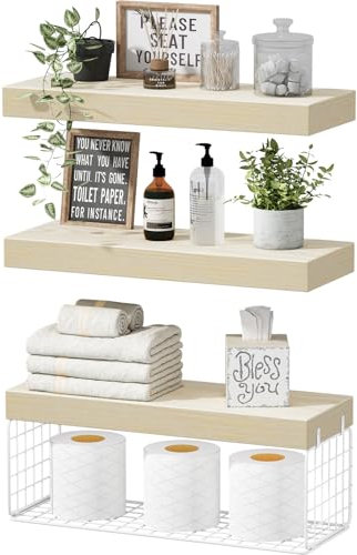 QEEIG Bathroom Shelves Over Toilet - Wall Mounted Floating Shelves Toilet Paper Storage Small Farmhouse Decor Shelf 16 inch Set of 3, Natural (019-BNW3)