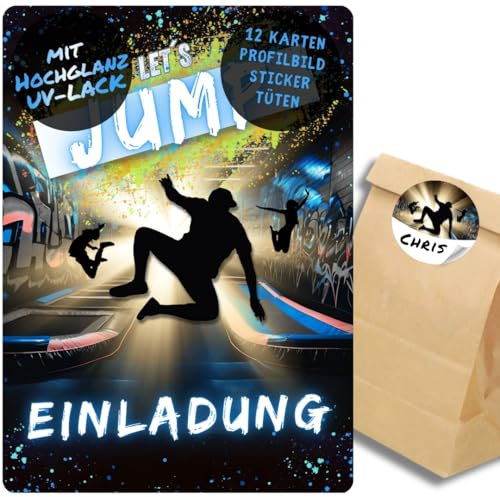 celebr8te 12x Einladungskarten im blauen Jump Trampolin Design - Für den Kindergeburtstag von Jungen im Jumphouse Trampolinpark +12 Sticker +12 Geschenktüten