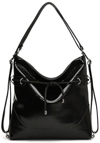 Travistar Rucksack Damen Handtasche Schultertasche PU Leder - 3 in 1 Rucksacktasche Retro Umhängetasche Anti Diebstahl Reiserucksack Hobo Tasche für Arbeit Schule Shopper Lässige Täglich (Schwarz)
