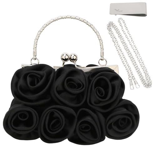 kilofly Missy K 7 Roses Clutch, Satin, mit abnehmbarem Riemen, Geldklammer, Schwarz, 8.6 Inch