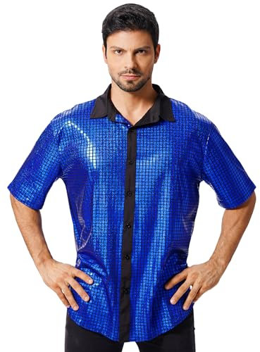 ABEHIK Herren Disco Hemd mit Pailletten 70er Kurzarm Party Kost�m f�r M�nner Rave Shirt Mottoparty Karneval blau XL