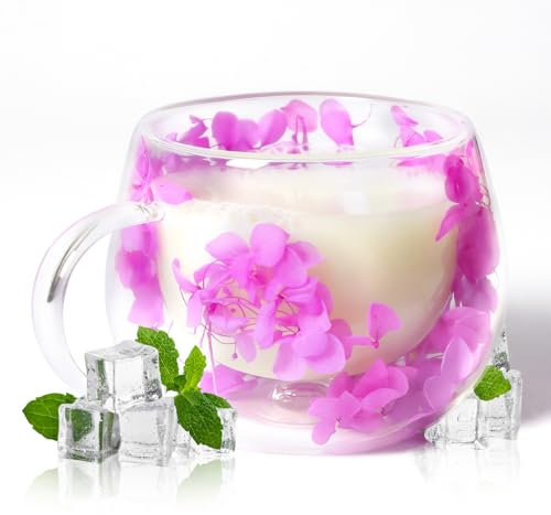 RUIOMII 300ml Tazas de Cafe Cristal Flor Seca, Tazas de Café de Vidrio de Doble Pared con Asa, Ideas de Regalo para Mujer Hermana Mamá Esposa Profesora
