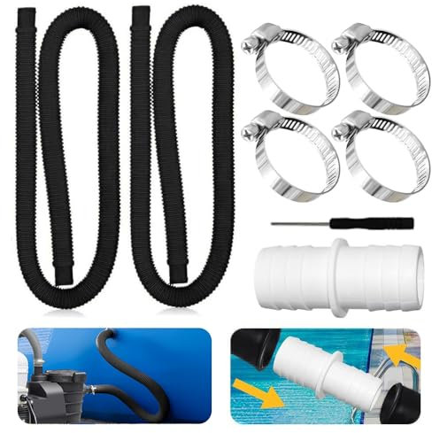 Lot de 2 Tuyaux de Piscine 32 mm Pour Pompes de Piscine, Avec 4 Clips de Sécurité et 1 Raccord de Tuyau, Tuyau de Piscine de 150 cm et 32 mm, Pour Pompe de Filtration et Piscine